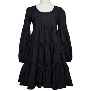 En Saison Black Tiered Puff Long Sleeve Babydoll Mini Pocket Dress Small